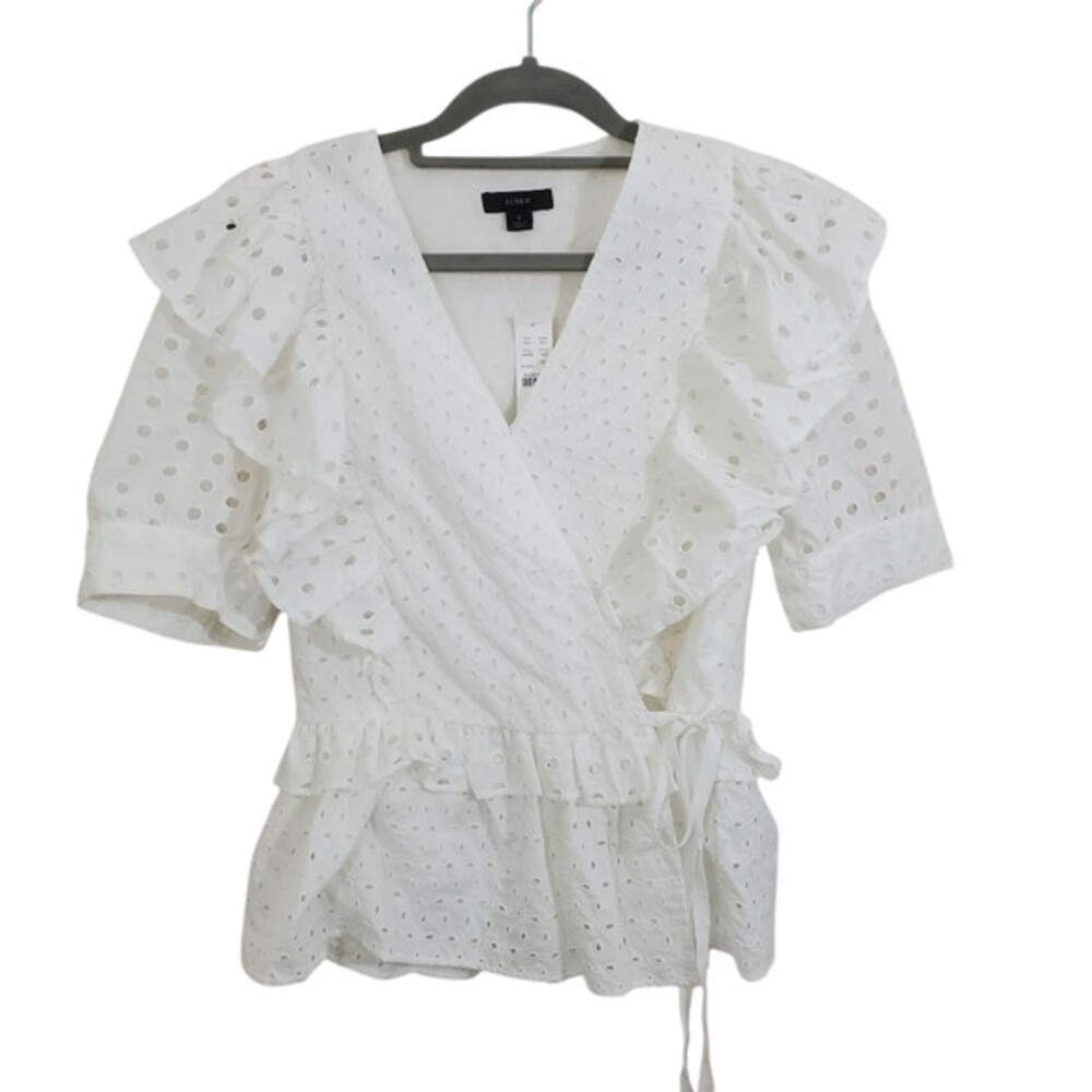 J. Crew Eyelet Ruffle Wrap Top White NWT Size Small Boho Cottagecore Feminine